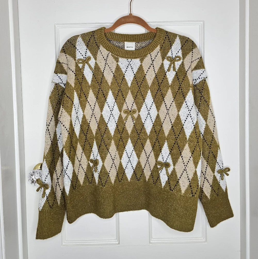 Anthropologie Maeve 3D Bow Argyle Crew-Neck Jumper - Picture 2 of 9